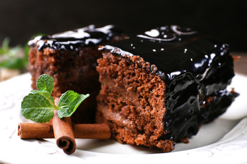 Tasty pieces of chocolate cake with mint and cinnamon