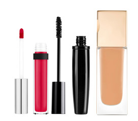 foundation, mascara, lip gloss isolated on white background