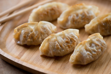 Pan fried japanese gyoza dumplings, close-up, selective focus