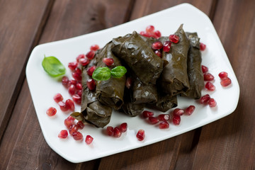 Dolma, stuffed grape leaves, eastern cuisine, high angle view