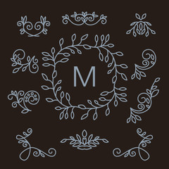 set of floral line design elements