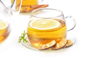 Glass rosehip tea with biscuits,cinnamon Isolated