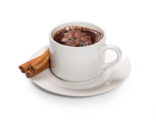 isolated white cup of hot chocolate with cinnamon.