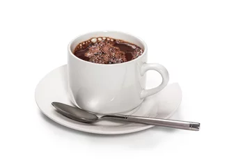 Papier Peint photo Lavable Chocolat isolated white cup of hot chocolate with spoon.