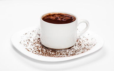 isolated white cup of hot chocolate.
