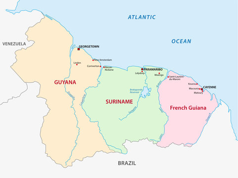 guyana, suriname, french guiana map