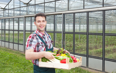 Sympathischer Landwirt mit Gemüse vor seinem Gewächshaus