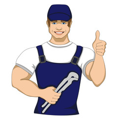 Cartoon plumber holding a monkey wrench