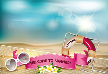 Summer background with flower, fishnet and lifebuoy