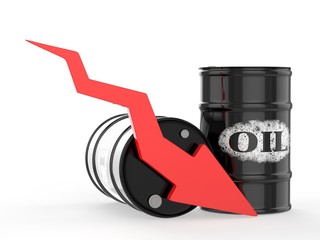 Oil Barrels with Red Arrow down. Financial crisis