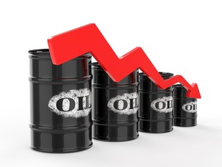 Oil Barrels with Red Arrow down. Financial crisis