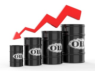 Oil Barrels with Red Arrow down. Financial crisis