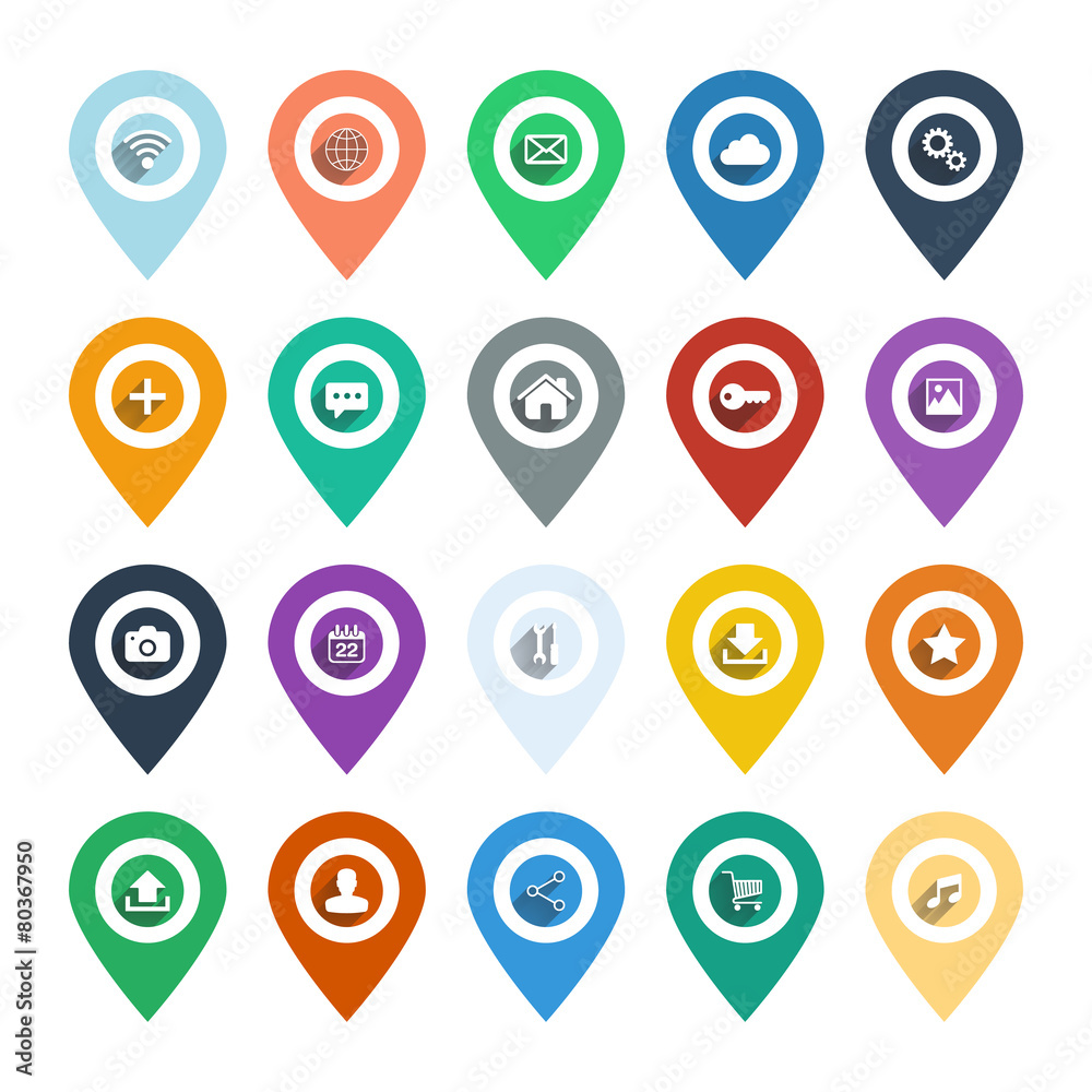 Poster Pointers and markers for map and plan with web icons.