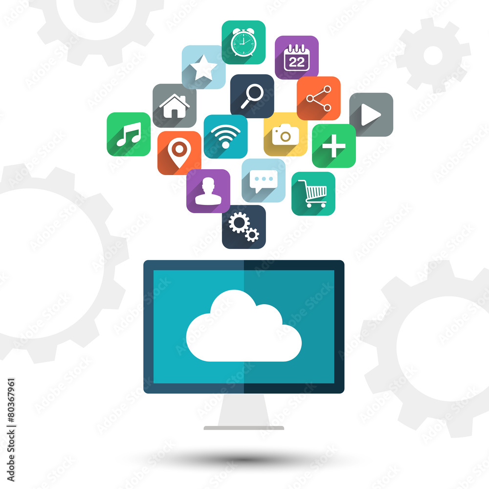 Poster Cloud computing. Desktop computer and apps icons.