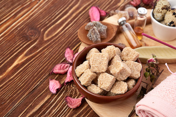 Composition of spa treatment on wooden background