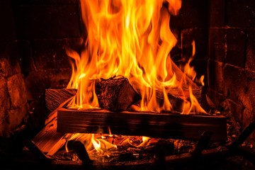 Burning Vintage Fireplace - obrazy, fototapety, plakaty