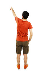 Back view of pointing young men. Rear view people collection