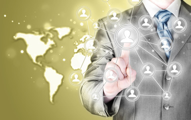 man hand pressing social media icon