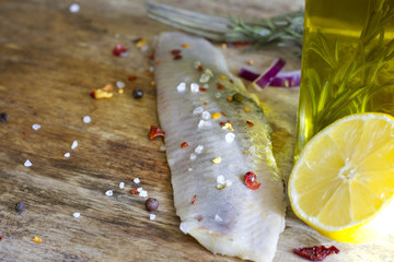 Herring fillet in oil vintage still life food background concept