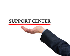 Businessman showing support center sign. Business, technology