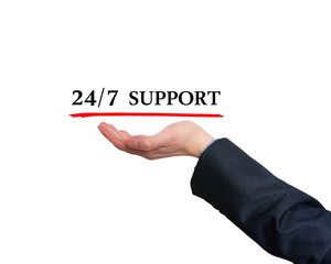 Businessman showing 24/7 support sign. Business, technology, 