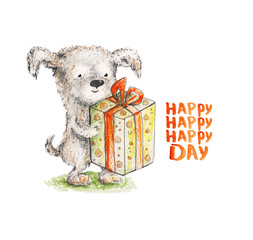 Dog with present. Happy day. Watercolor Hand drawing
