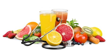 Apple. Healthy eating. Fruits, vegetables, juice and stethoscope