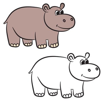 Cartoon hippo. Coloring book. Vector illustration