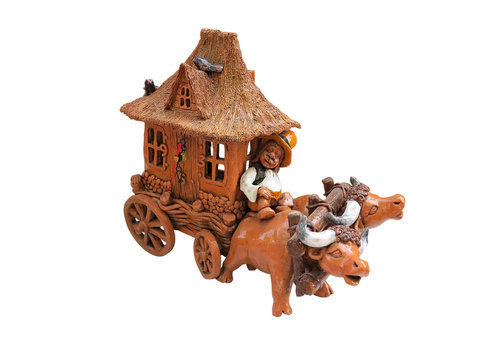 Clay Figurine Oxen And Covered Wagon Isolated Over White