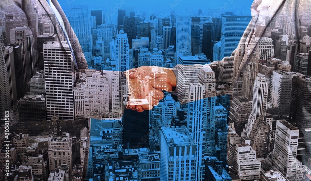Poster composite image of close up on two businesspeople shaking hands
