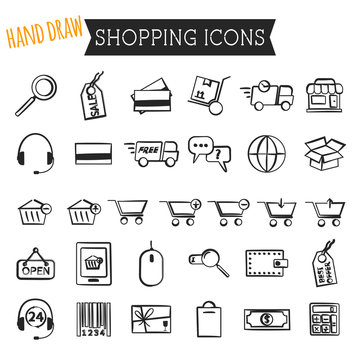 Set of On-Line Shopping icons isolated on white background. Hand