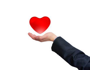 Businessman presenting Heart win his hand against white.