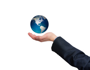 Businessman holding in his hand earth globe. Isolated on white