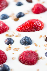 fresh berries fruits isolated on greek yogurt, healthy backgroun