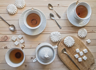 Tea with waffles and marshmallows