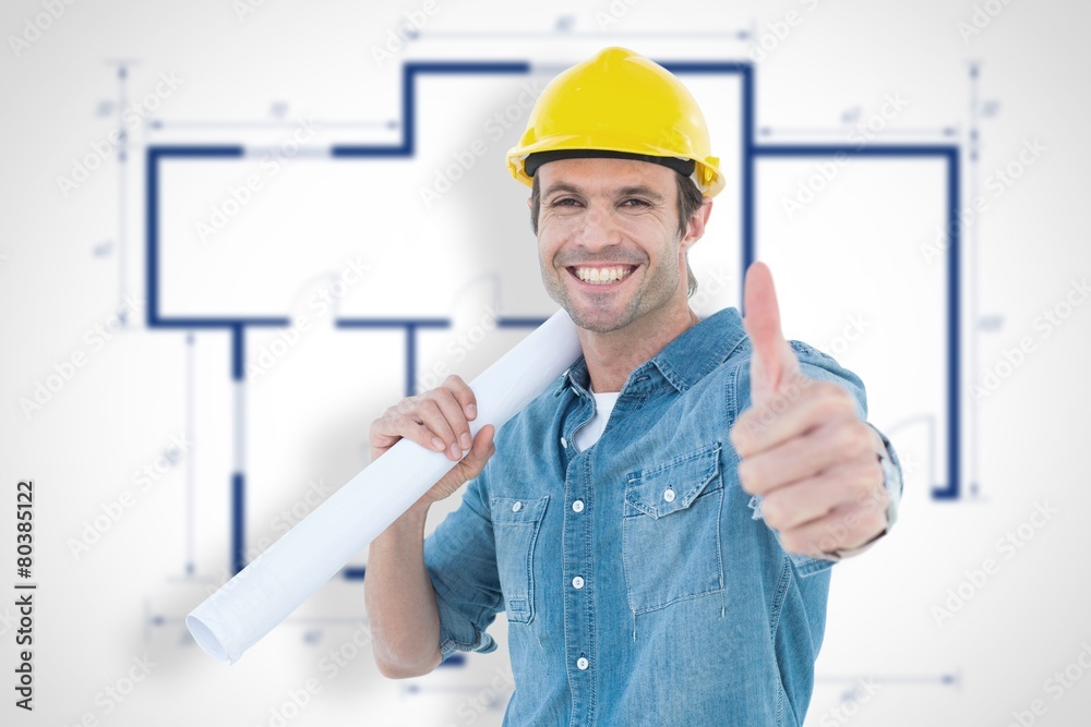 Poster Architect holding blueprint while gesturing thumb up