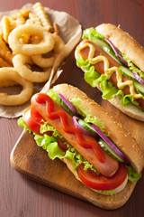 hotdog with ketchup mustard vegetables and french fries