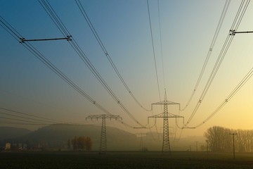 High-voltage transmission line, early in the morning