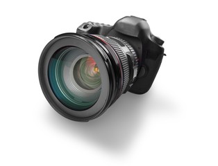 Camera. Black digital camera isolated on white