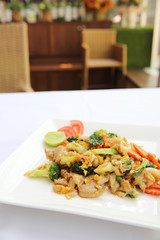 Thai food fried noodle with egg and pork
