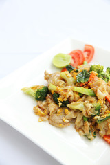 Thai food fried noodle with egg and pork