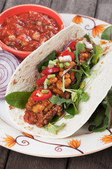 Tortilla wrap with chili, beans and ground beef