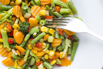 Fried vegetables  in a white plate.