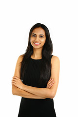 Portrait of a smiling Indian business woman isolated on white.