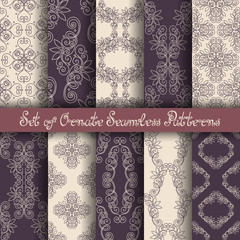 Vector Set of 10 Ornate Seamless Patterns in Vintage Linear Styl