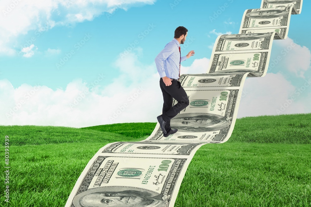 Poster composite image of unsmiling businessman in suit stepping