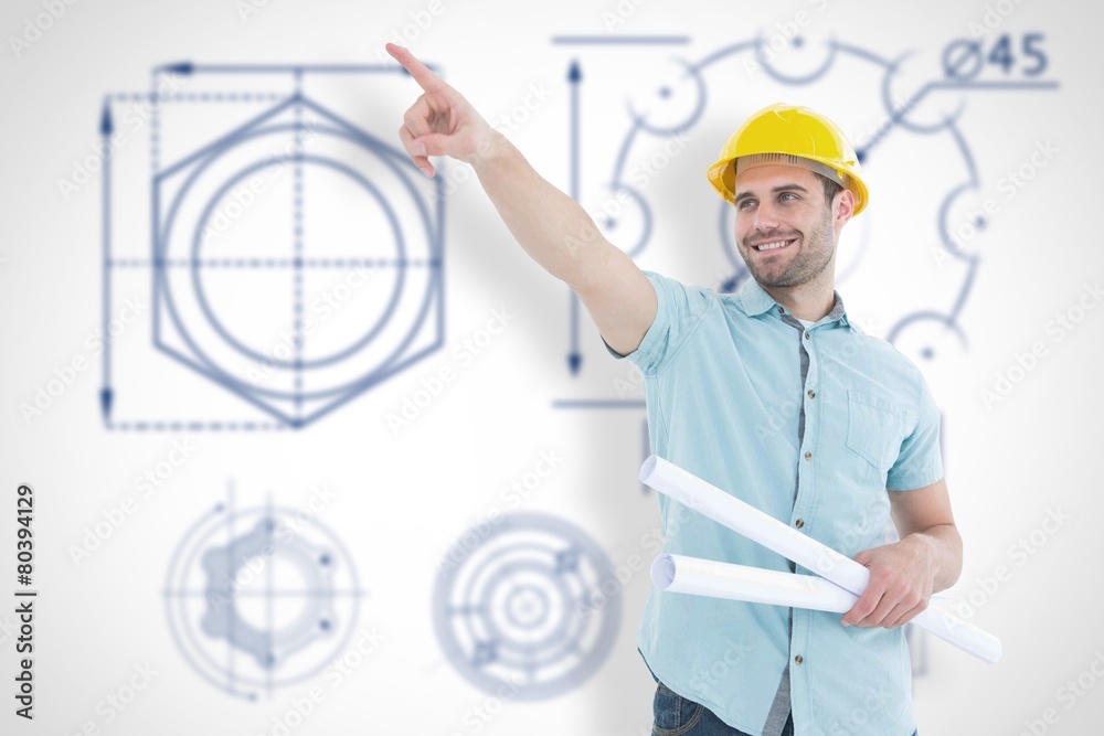 Poster composite image of male architect with blueprints pointing away