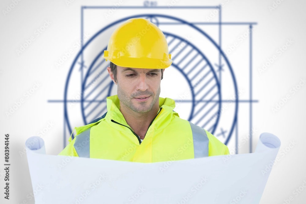 Poster Composite image of architect analyzing blueprint