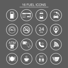 16 gas station icons. Fuel silhouette icons. Vector