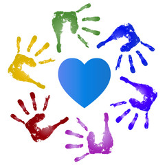 Conceptual children painted hand print and heart isolated
